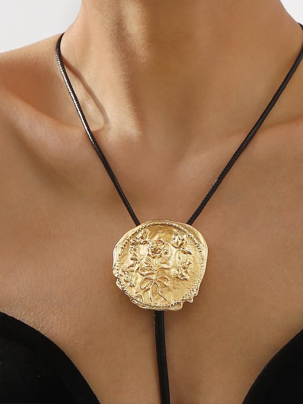 Anthropologie Gold Floral Medallion Necklace with Black Cord